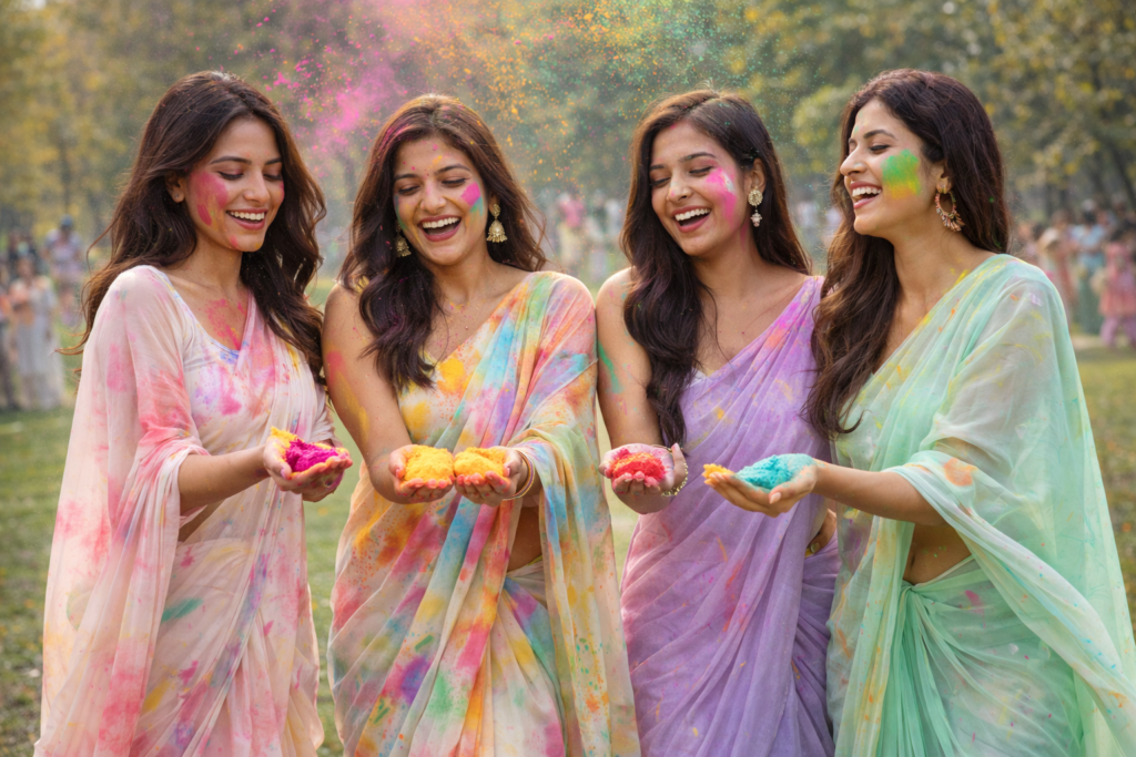 Pastel sarees, colorful gulal