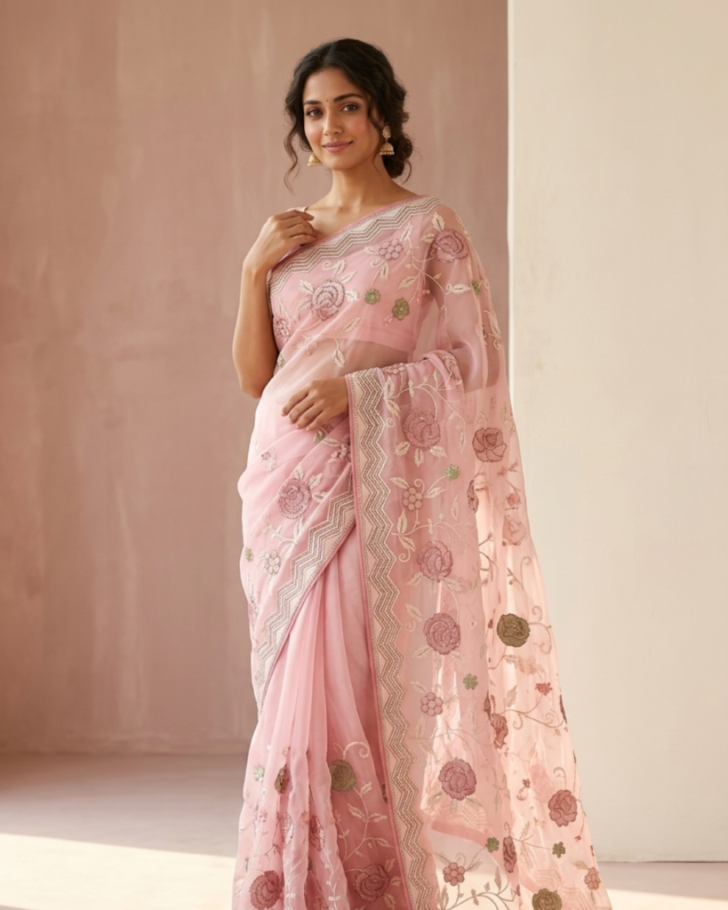 baby pink chiffon saree