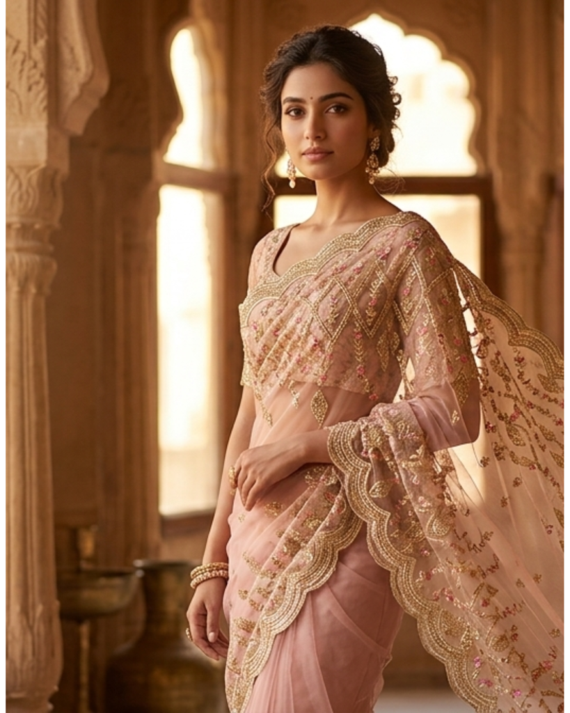 designer cream net saree