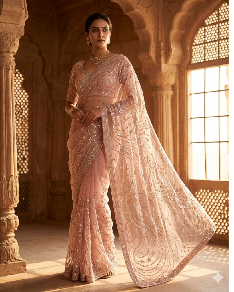 designer pink net saree