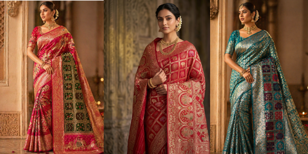 About us banner featuring real Banarasi saree collection with elegant traditional Indian ethnic