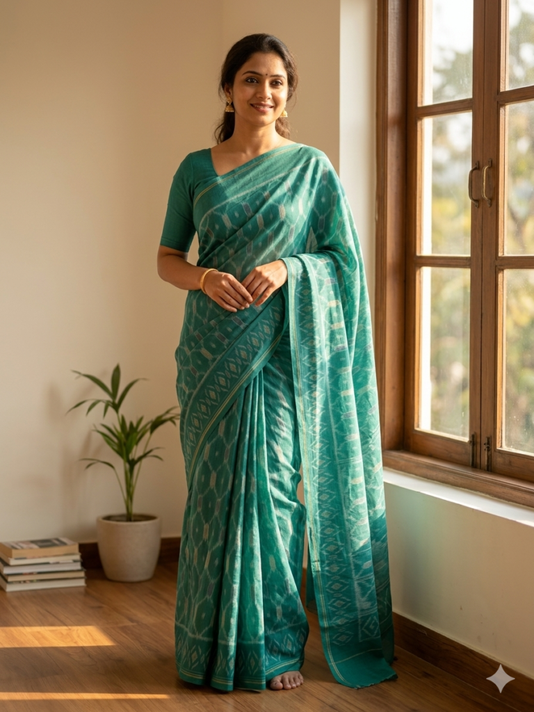 steel green cotton saree in standing