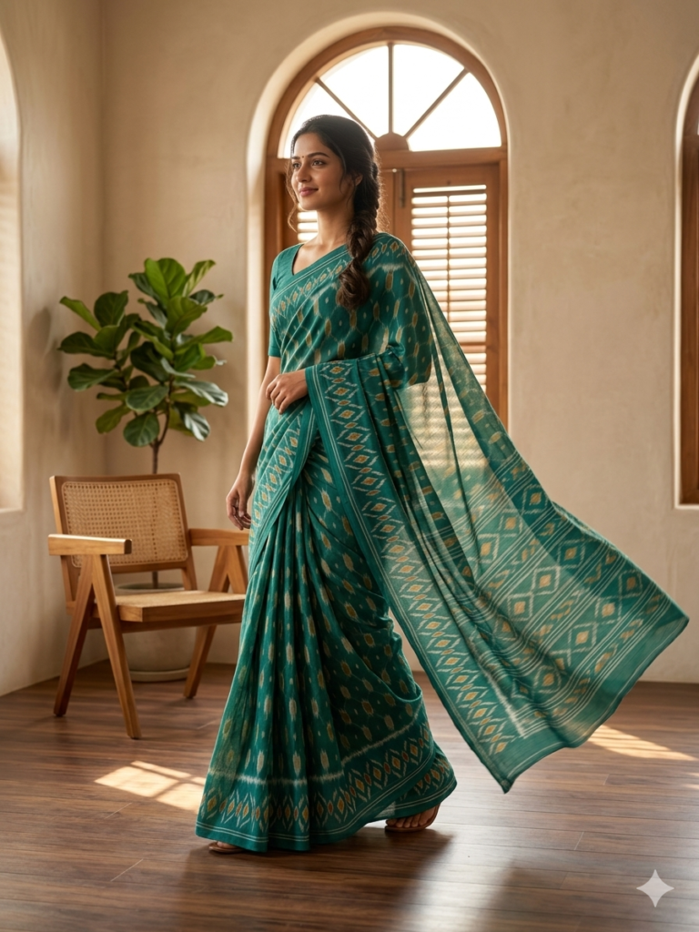 steel gren color cotton saree inmovement pasition
